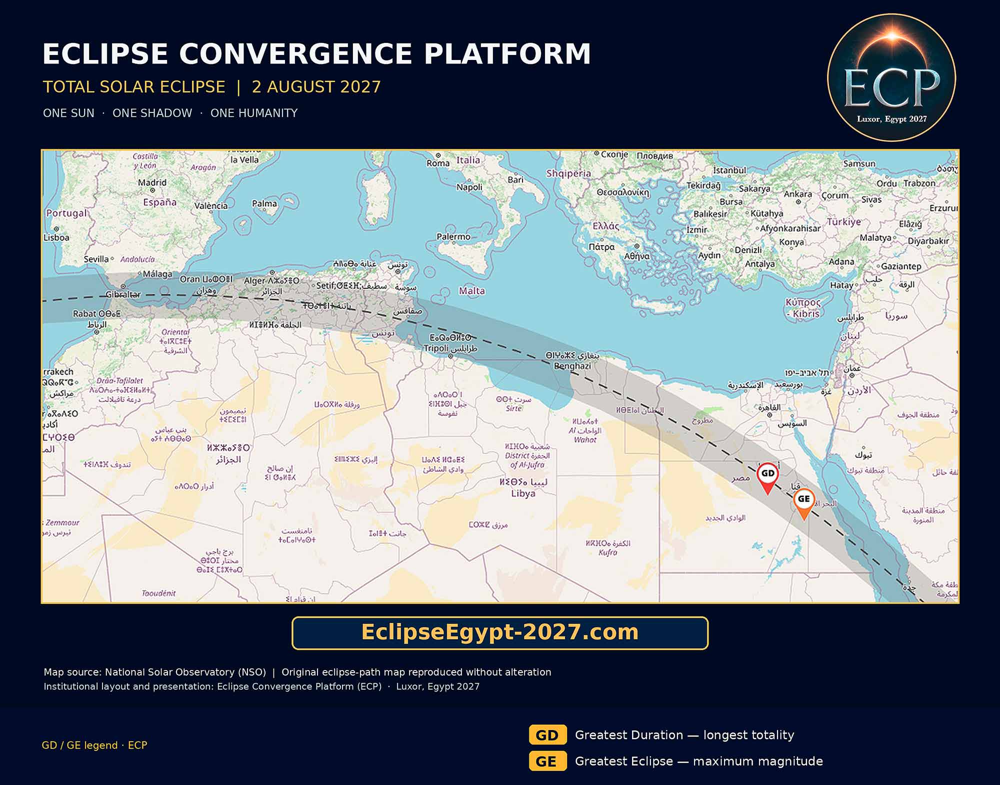 Path of totality of the August 2 2027 Total Solar Eclipse across Europe, North Africa, the Middle East and the Horn of Africa